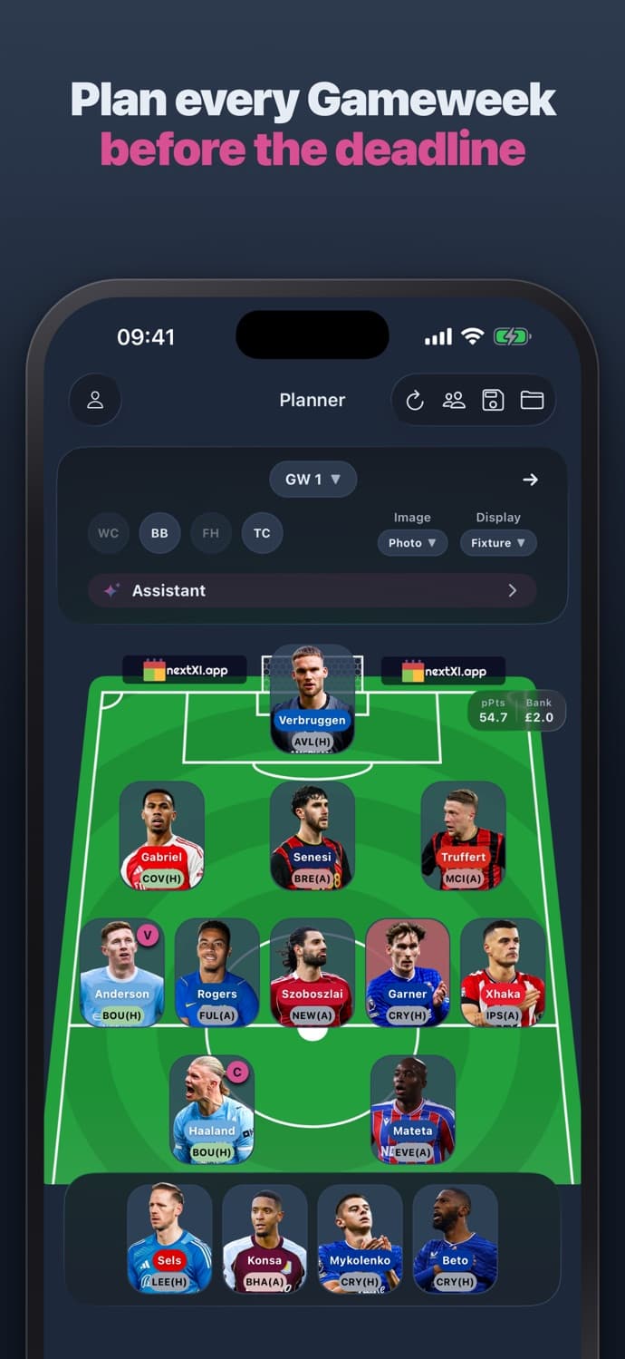 NextXI planner: plan every gameweek before the deadline, with your squad on the pitch.